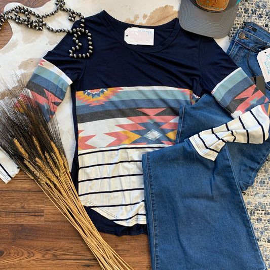 Navy aztec color block long sleeve tee.