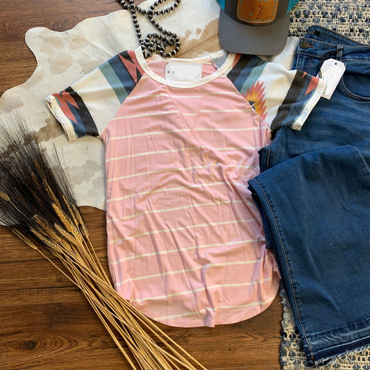 blush striped baseball top with coordinating aztec short sleeves.