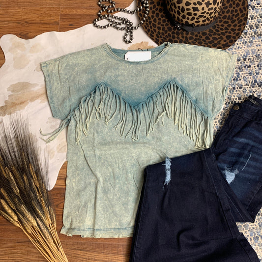 mineral washed top with chevron fringe.