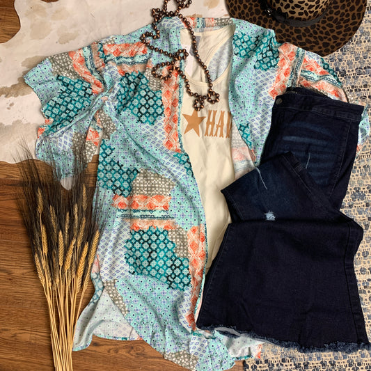 Boho Aqua Patchwork Kimono