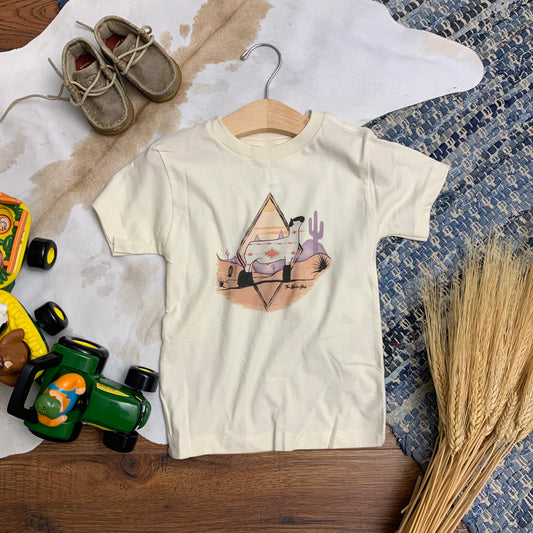 children's cream colored short sleeve shirt with show lamb and desert backdrop.